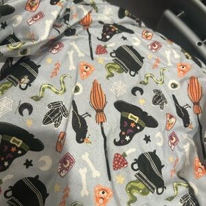 Halloween Themed Fabric with Witch Hats and Broomsticks queen fitted sheet